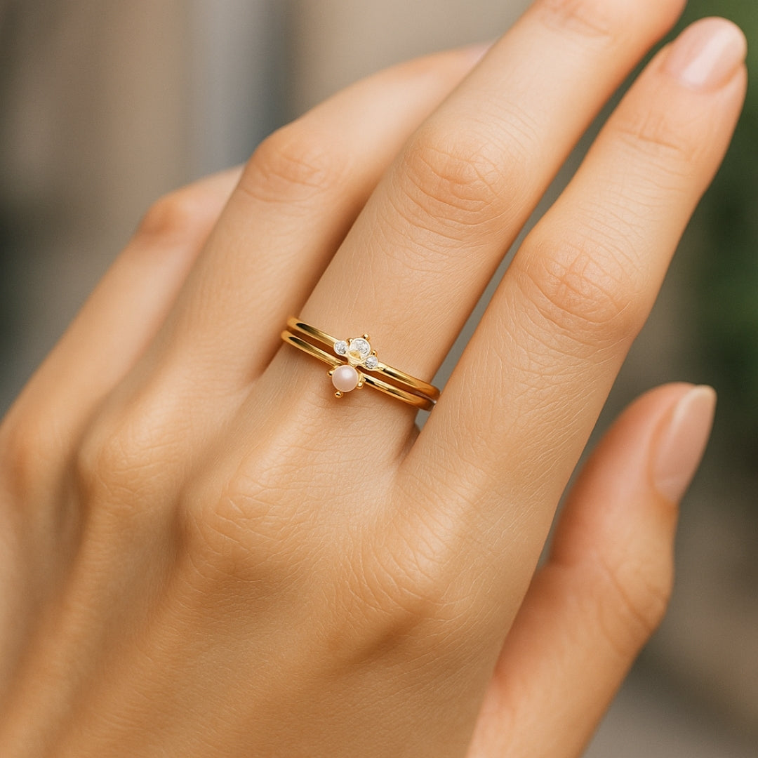 Pearl & Zirconia Layer gold Ring