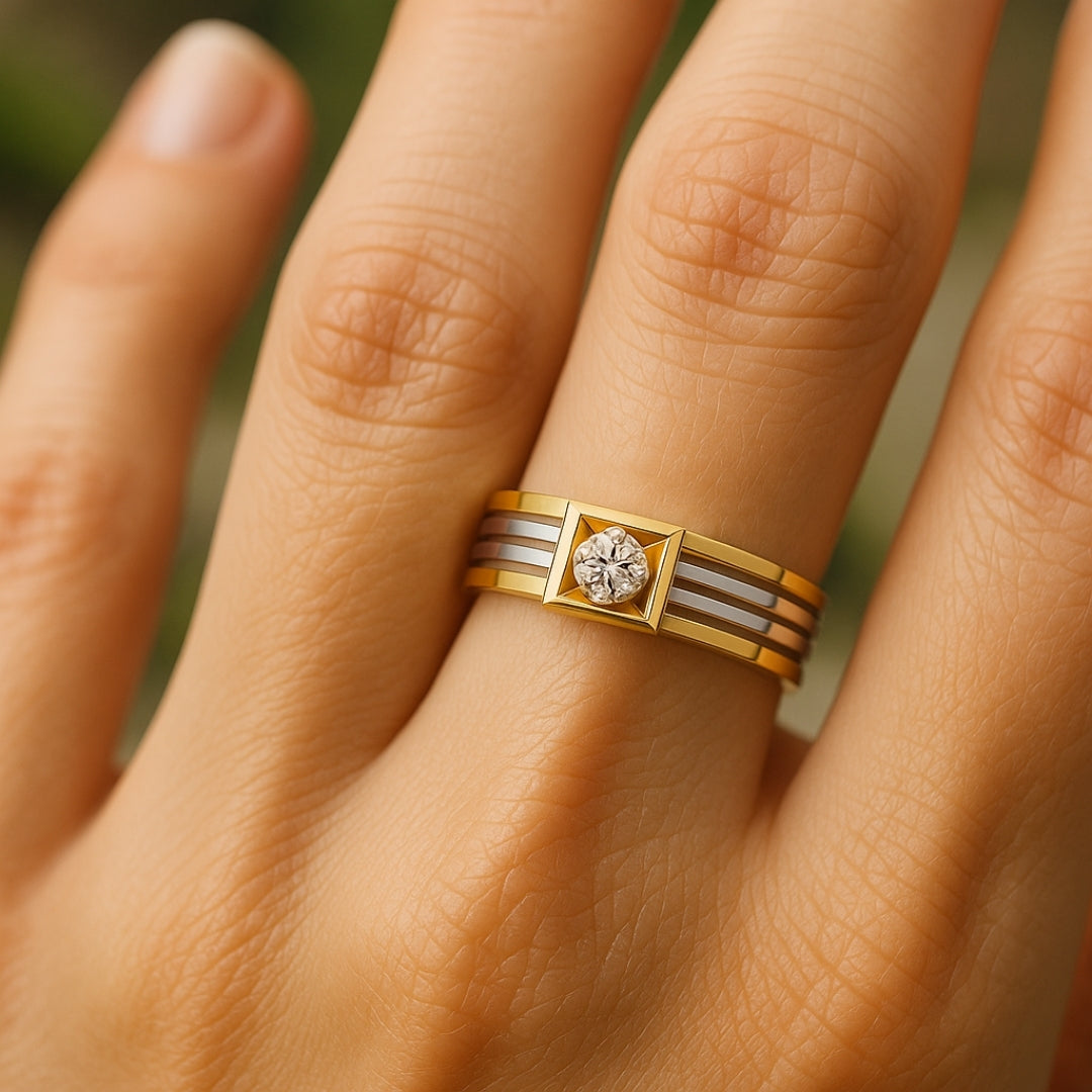 Inlaid Rounded Crystal Gold & Silver Ring